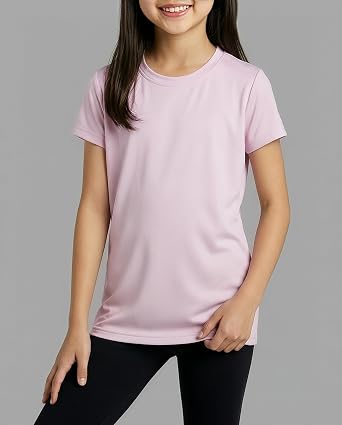 Real Essentials 5 Pack: Girls' Short Sleeve Dry-Fit Athletic T-Shirt - Active Gym Crew Neck Tops for Teens Kids (Ages 4-16)