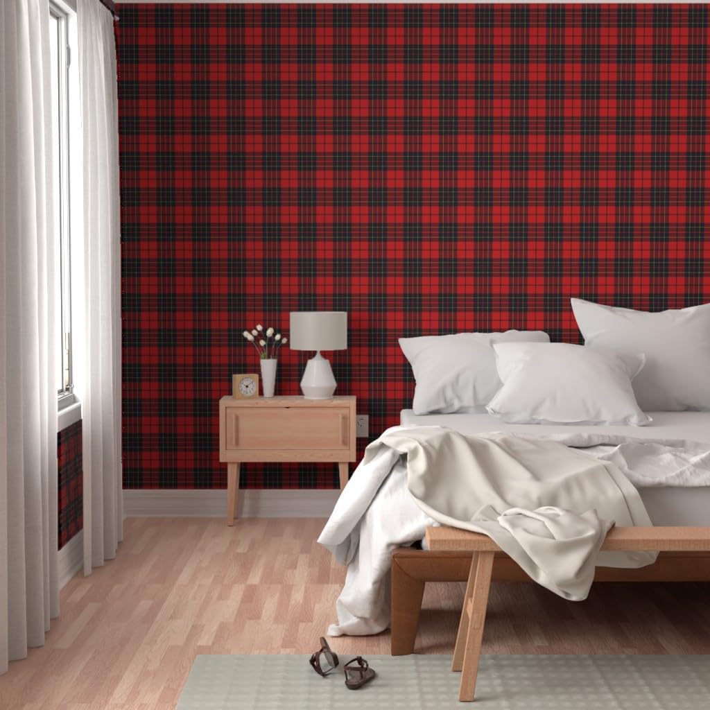 Peel & Stick Wallpaper 3ft x 2ft - Tartan Red Scottish Plaid Classic Black Yellow Rustic Home Decor Check Striped Custom Removable Wallpaper by Spoonflower