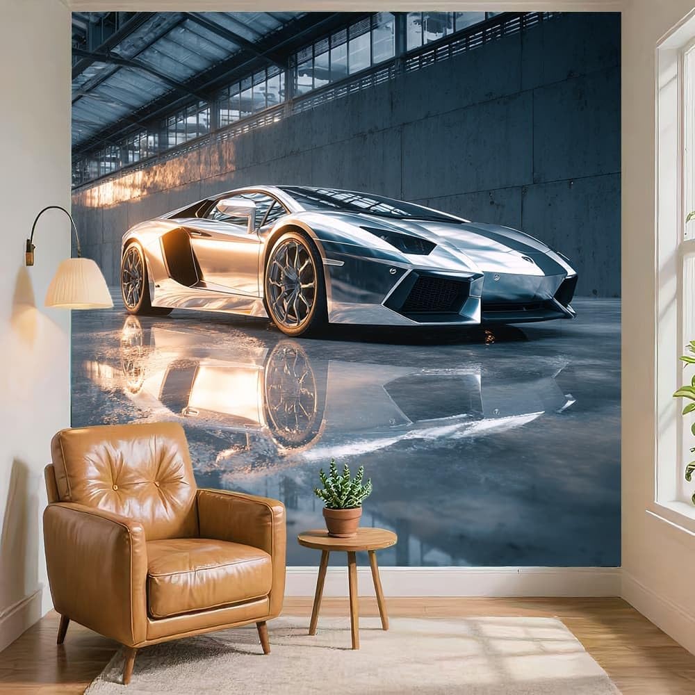 Papier Peint Intissé Mural Photo 350x256 cm Supercar Moderne Et Cool Panoramique Poster Fresque Murale Maison Bureau Restaurant Argent Intérieure Décoration Papier Peint