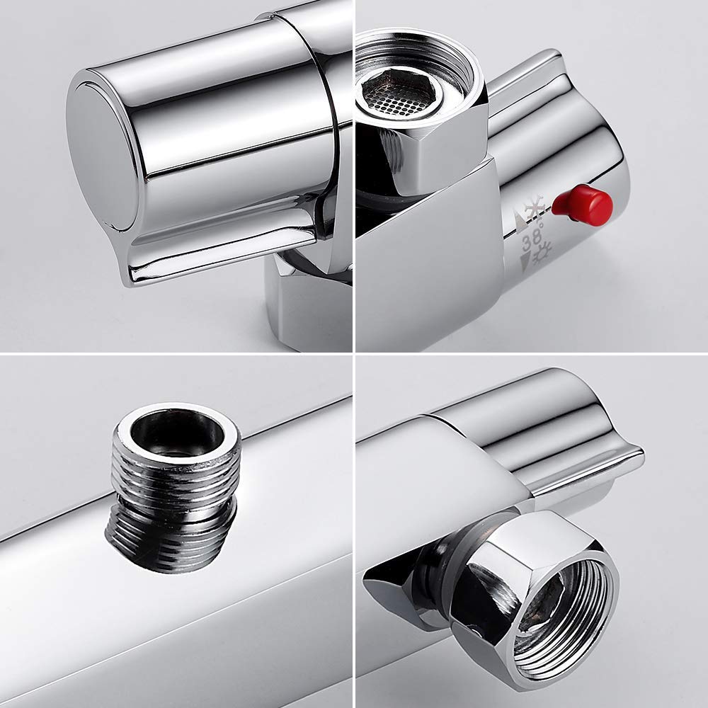 Keyohome Mezclador Termostático para Ducha, 2 Salidas, Latón Cromado, Antiquemaduras, Baño tamaño de Entrada: G 3/4 ", tamaño de la Salida: G 1/2"