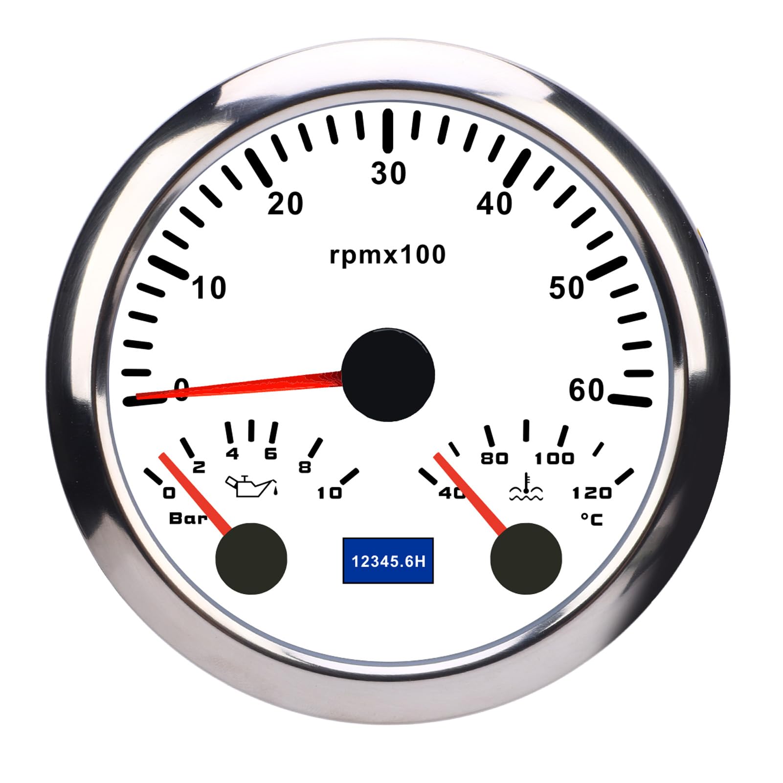 Bediffer Tacómetro Confiable 3 en 1, Rendimiento de Alta Precisión para Automóviles, Barcos, Camiones y Metales (Esfera blanca y bisel plateado CX8286.)