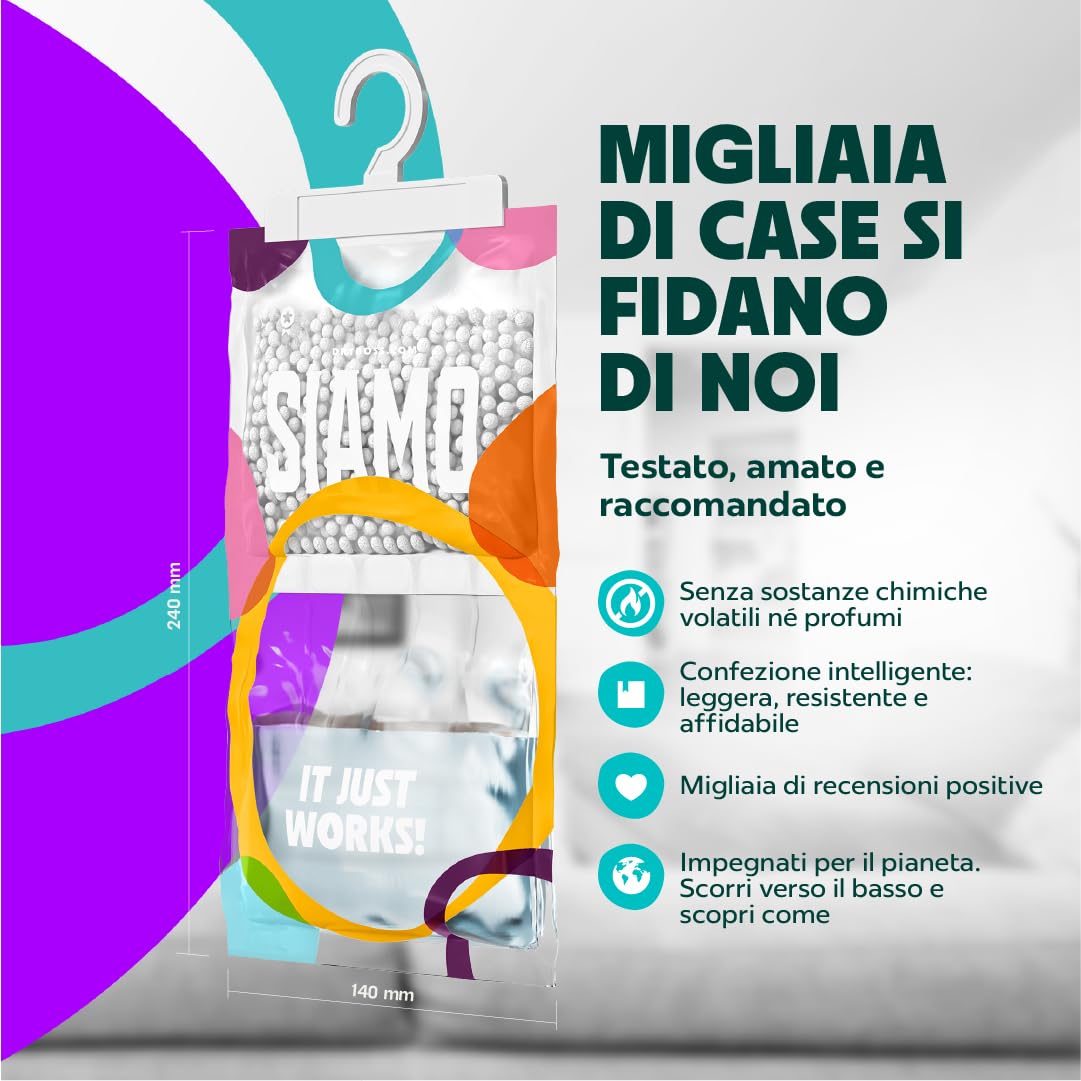 Siamo 15 Pack Sacchetti Deumidificatori Antimuffa Per Armadio, Casa, Assorbi Umidità In Armadi, Cucine, Seminterrati, Camper #1 in deumidificatori Eliminare Odore Sgradevole Funziona e Basta