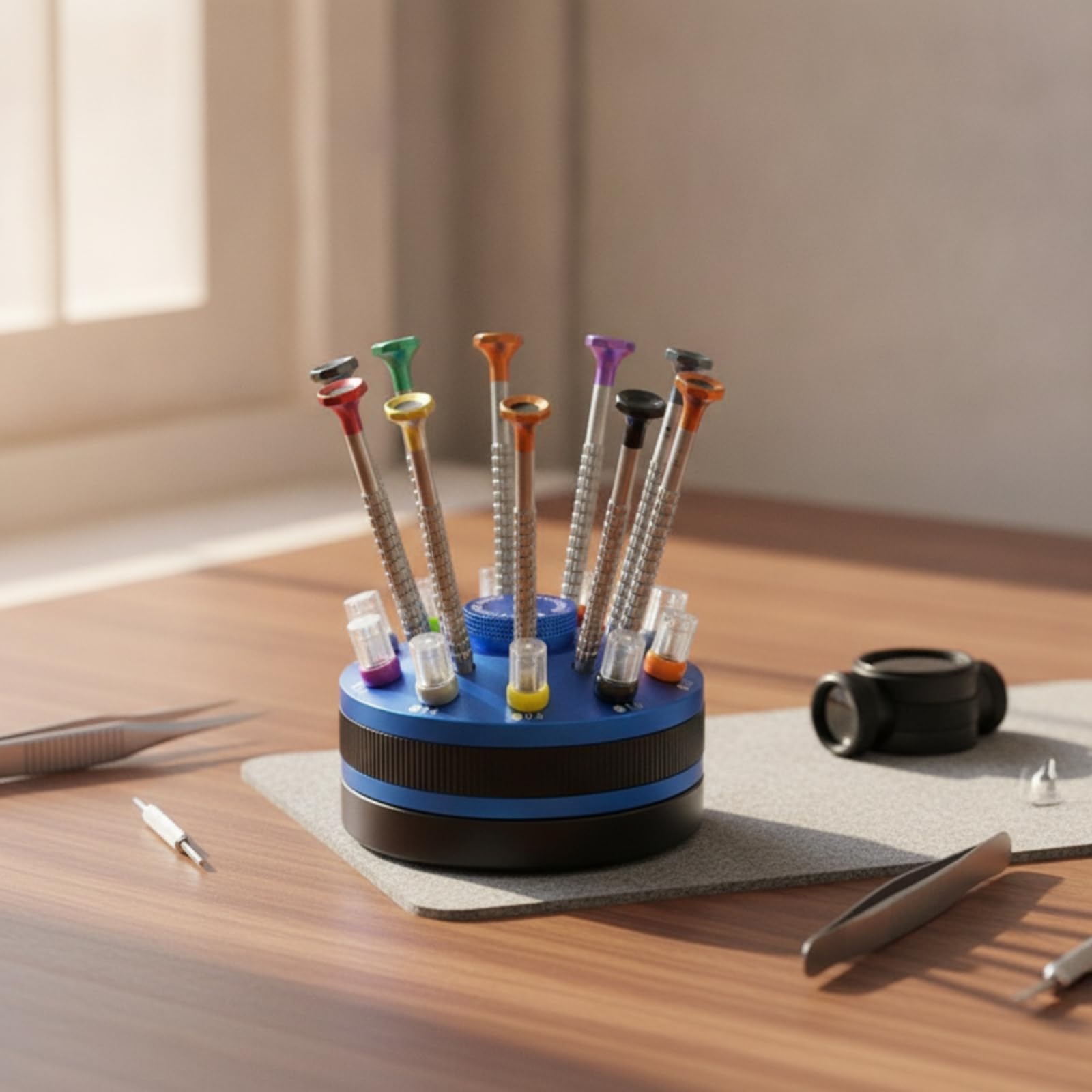 Kit stornilladores con Soporte Giratorio Metálico Kit Reparación Electrónica Antislizante Herramientas para Aficionados, Azul