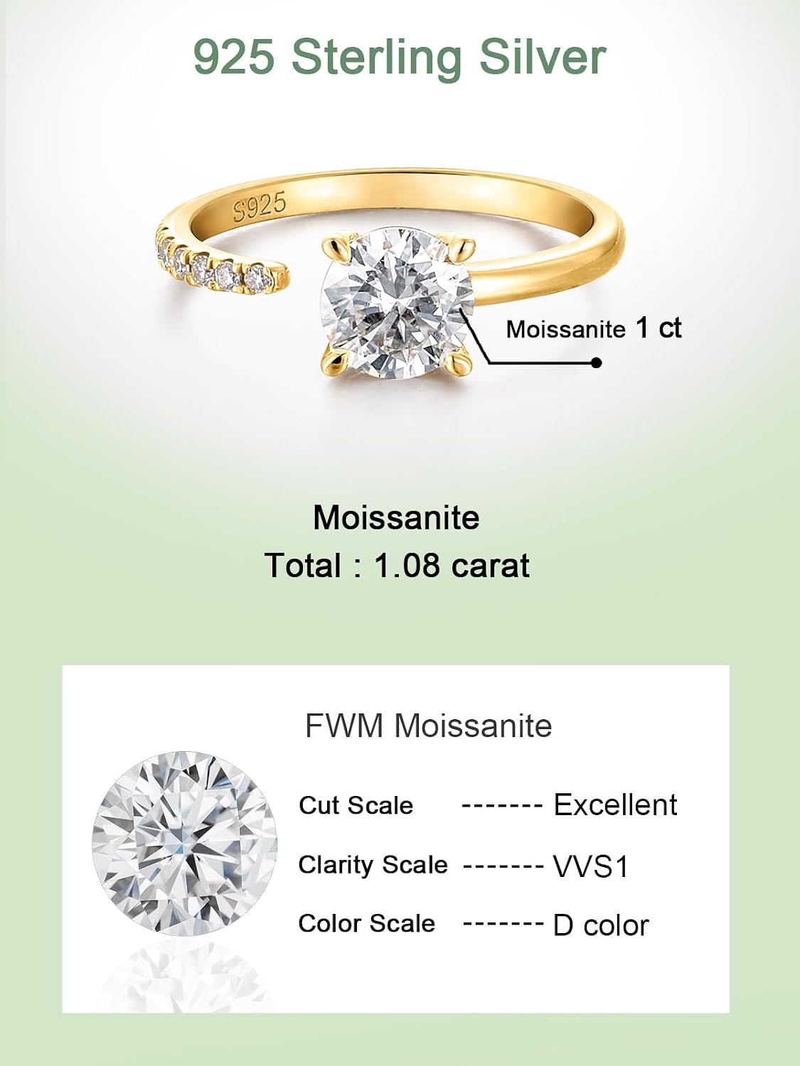 FWM Round Cut Moissanite Simple Open Rings for Women, Adjustable Ring, Solid Sterling Silver With Gold Plated, Stackable Wedding Band, Anniversary Valentines Mothers Day Christmas Gift