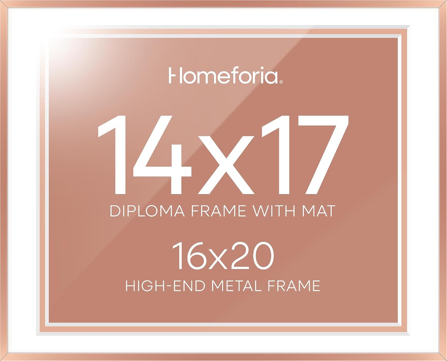 Homeforia 16x20 Diploma Frame Rose Gold, High End Metal 16 x 20 Certificate Frame with Mat 14 x 17, 16by20 Document Frame Matted to 14by17, Graduation Degree Frames, Tempered Glass, Wall Kit, Set of 1