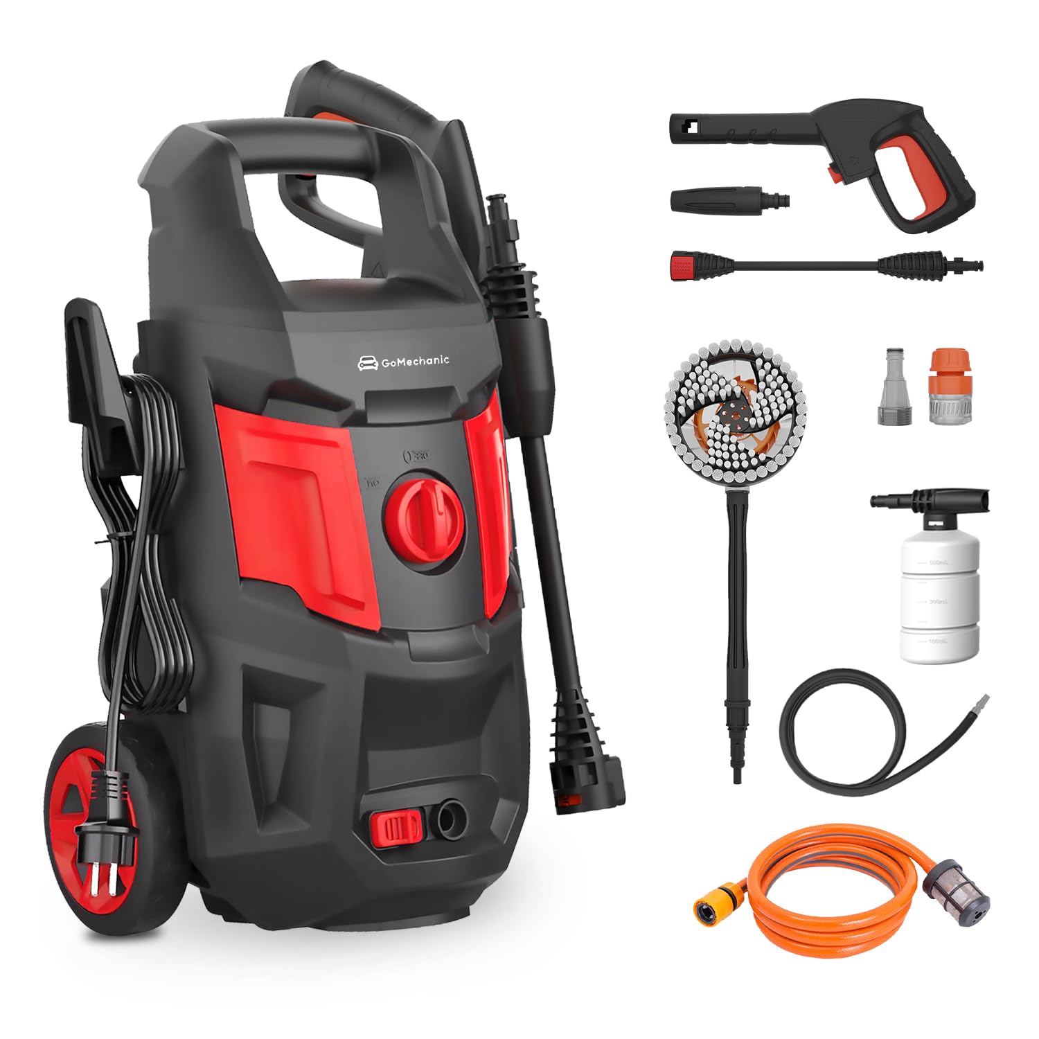 GoMechanic High Pressure Car Washer Pump, 2200 Watts Motor, 200 Bars Pressure, 7.5L/Min Flow Rate, 5m Outlet Hose, Upright Design with Wheels for Car, Bike, Home Cleaning with Rotating Brush