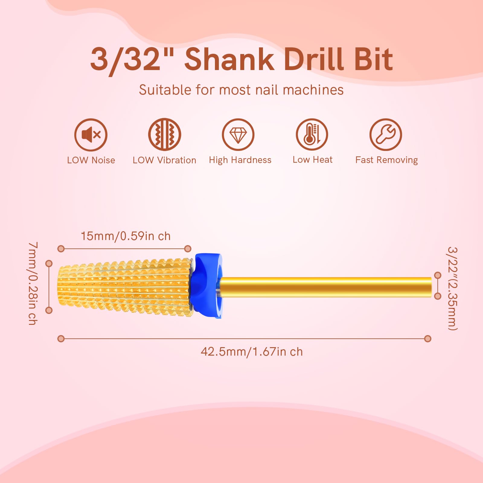 SQULIGT Nagelbohrer, multifunktional, gerader Schnitt für Links- und Rechtshänder, 5-in-1 Hartmetall-Wolframstahl-Bits für Acryl-Nagelgel, schnelles Entfernen (M, Gold)