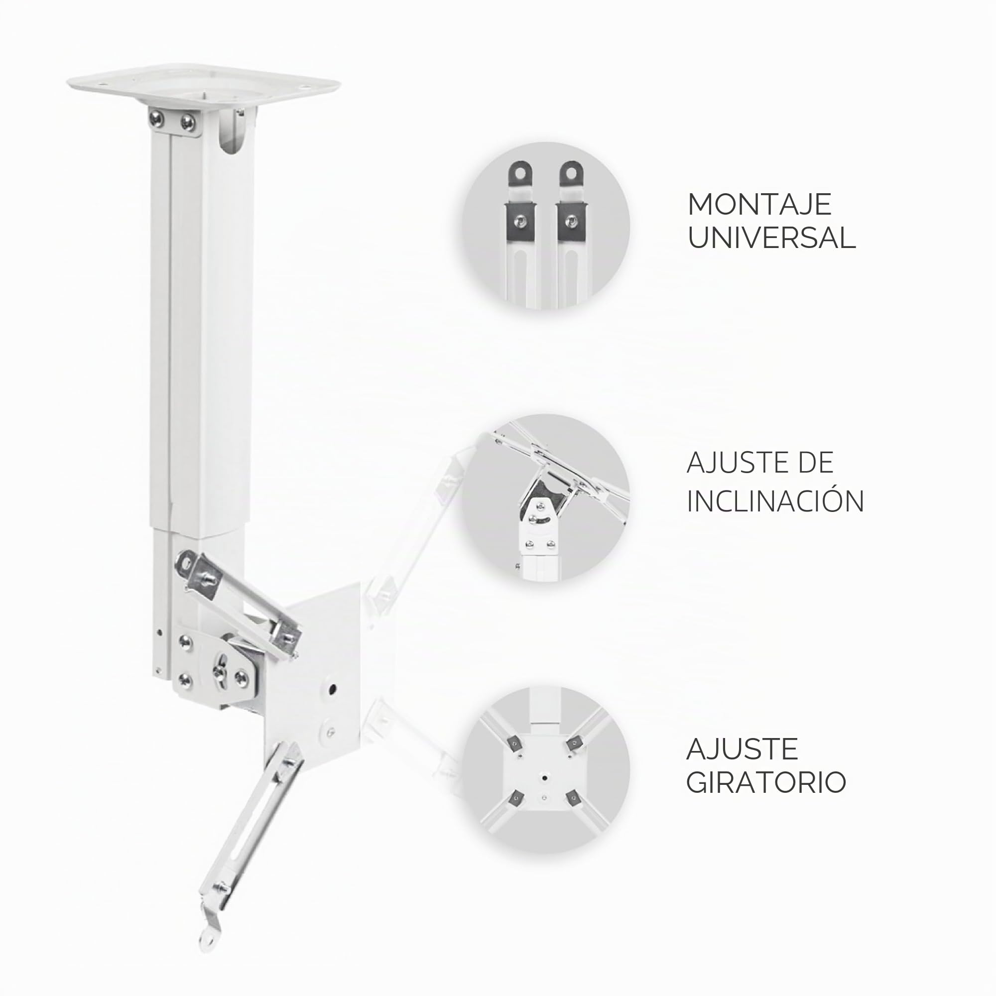 ONKRON Soporte para Proyector de Techo/Pared, 10 kg, K5A-W | Brazo proyector blanco, altura ajustable, giratorio 30°, inclinable, extensible, pasacables; para cine en casa y oficina