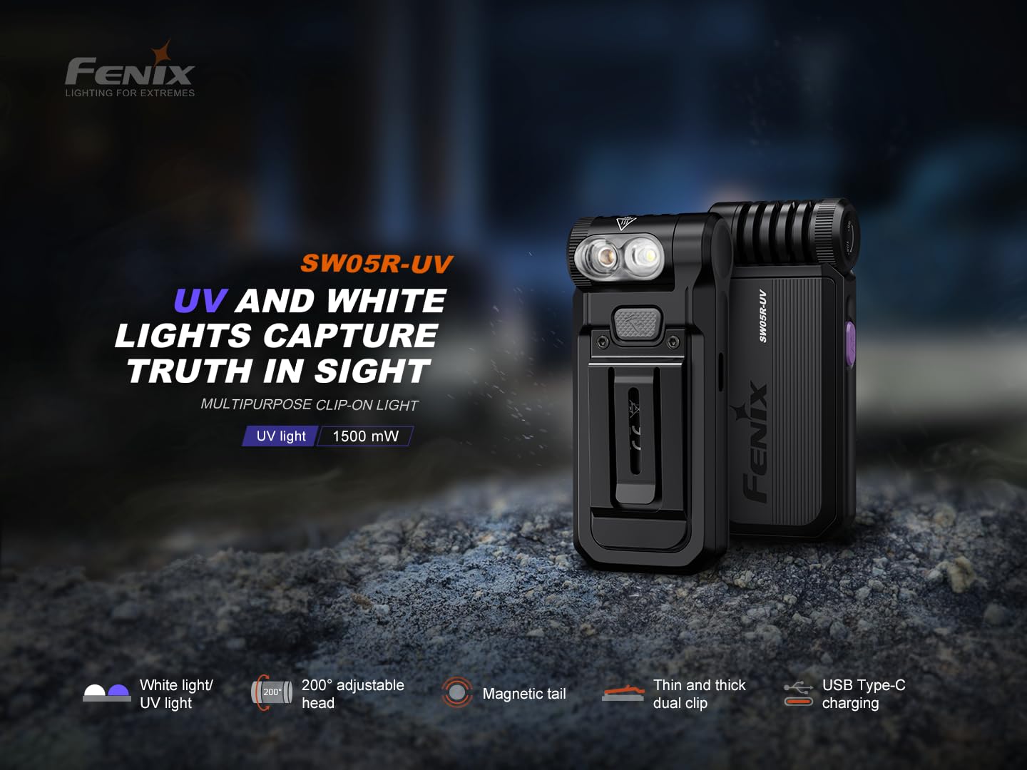 FENIX SW05R-UV - Linterna de inspección y seguridad recargable (150 lúmenes, 39 m, 49 horas, máximo, luz blanca, 3 niveles, luz UV, 1500 mW, cabeza giratoria 200 grados, IPX6)