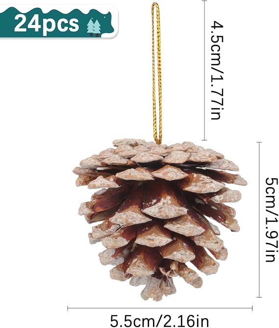 24PCS Pine cones Christmas Snow White Natural Pinecone Rustic Frosted Dried Pinecone with String Pendant Mini Pinecone Picks for DIY Crafts Holiday Wreath Christmas Tree Party Supplies Ornaments Decor