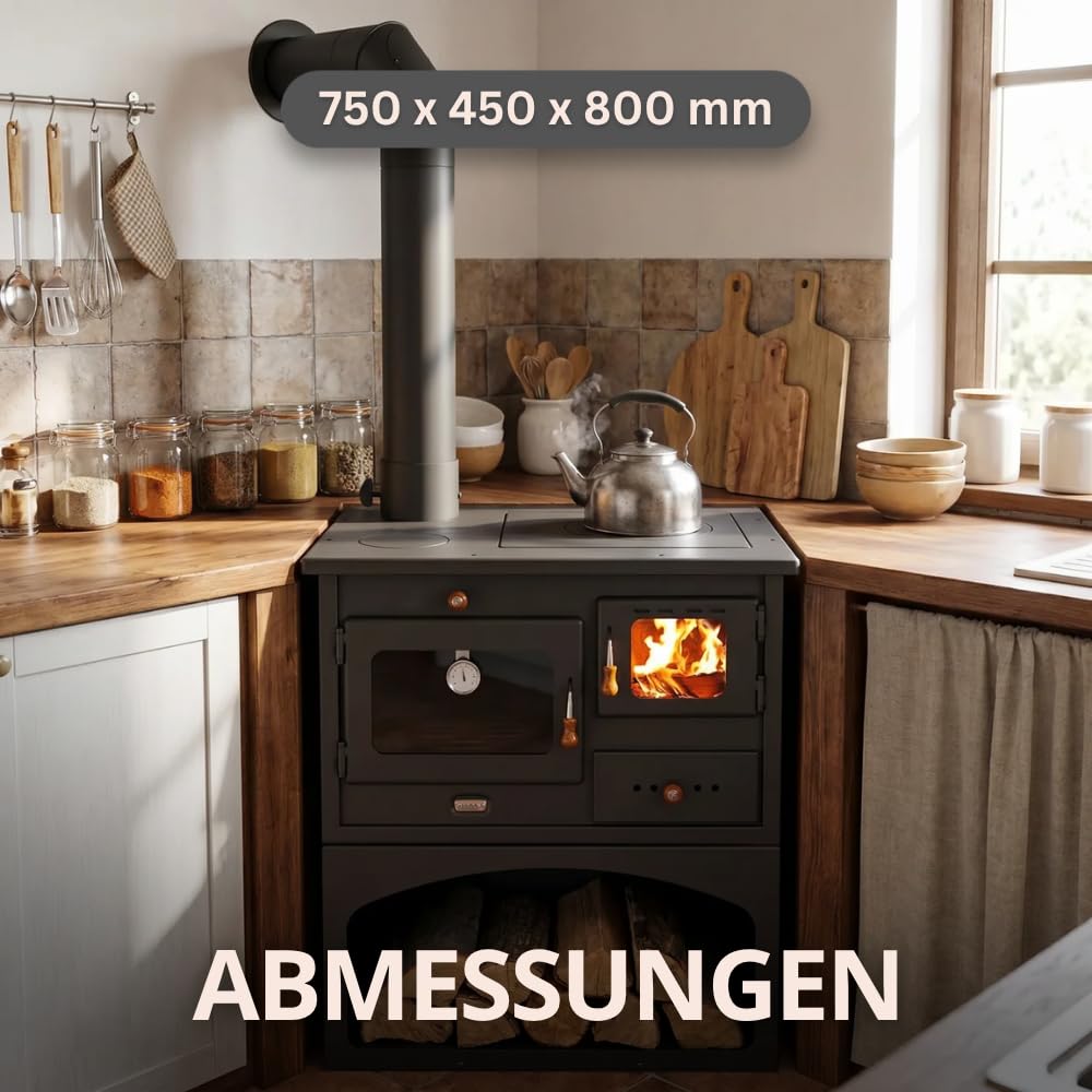 Prity 1P34 Holzofen mit Backofen, linksöffnend, Türscharnier links, Gusseisen-Oberseite, CE-zertifiziert, Festbrennstoffkocher