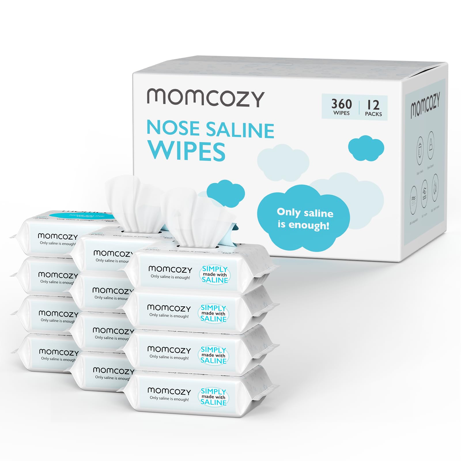 Baby Wipes, Momcozy Saline Nose and Face Wipes, Made Only With Natural Saline, 100% Biodegradable, Unscented & Hypoallergenic for Sensitive Areas Cleansing, Easy to Carry, 360 Count (Packs of 12)