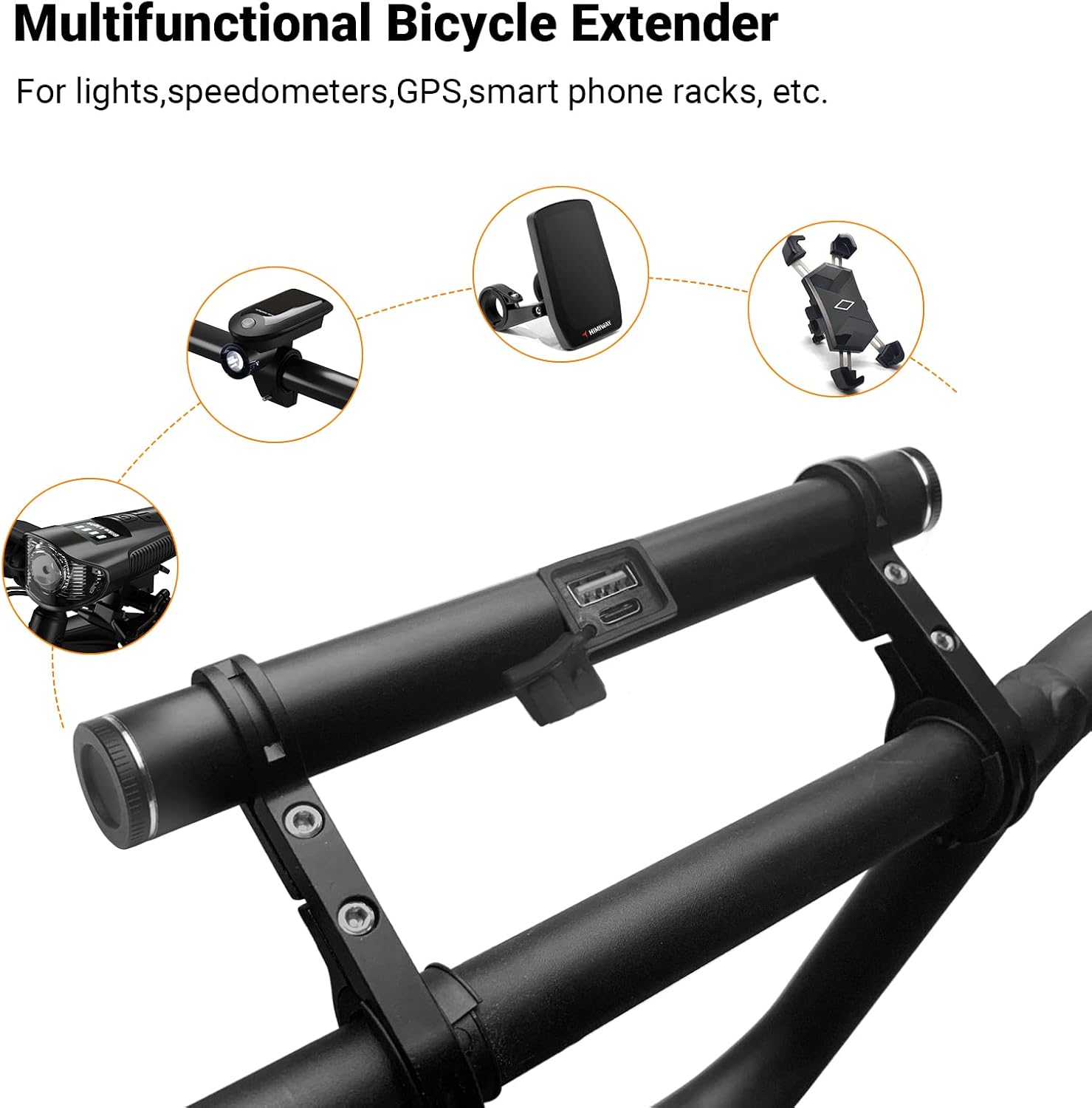 Himiway USB Rechargeable Bike Handlebar Extender,7.87in Bicycle Handlebar Extension and a Built-in 4000mAh Bike Phone Charger, for Holding Bicycle Speedometer,Phone Mount Holder