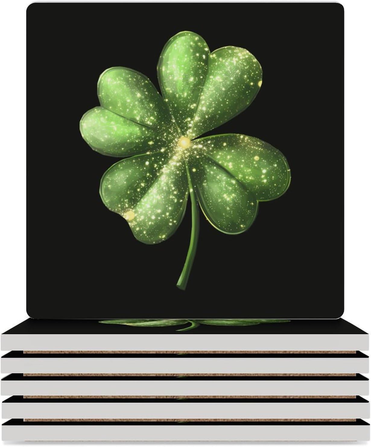 Leaf Clover St-Patrick's-Days Shamrock Coasters for Drinks Square Table Coasters Set Cup Mats with Cork Base