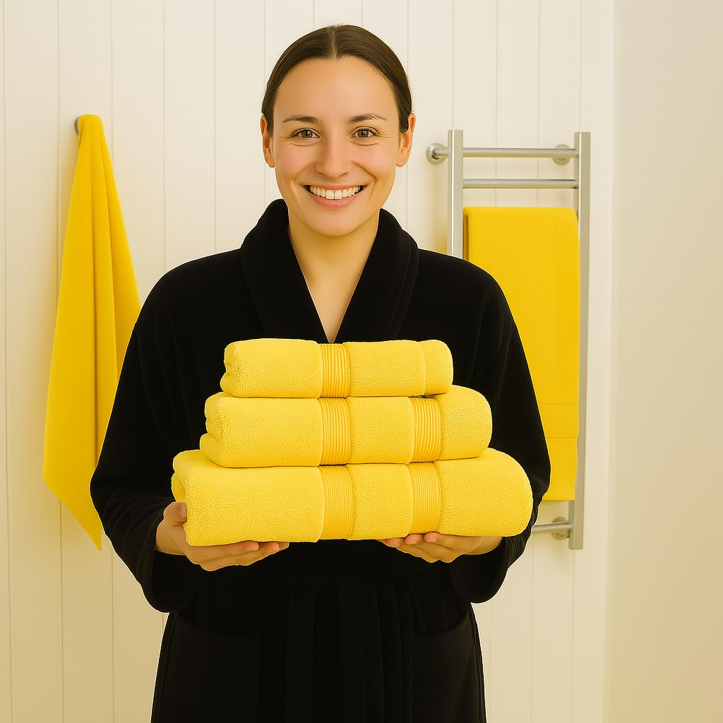 Lot De 2 Serviettes De Bain à Carreaux En Coton - 140x70 Cm - Jaune Moutarde, épais 520 G/m² - Très Absorbantes - 8