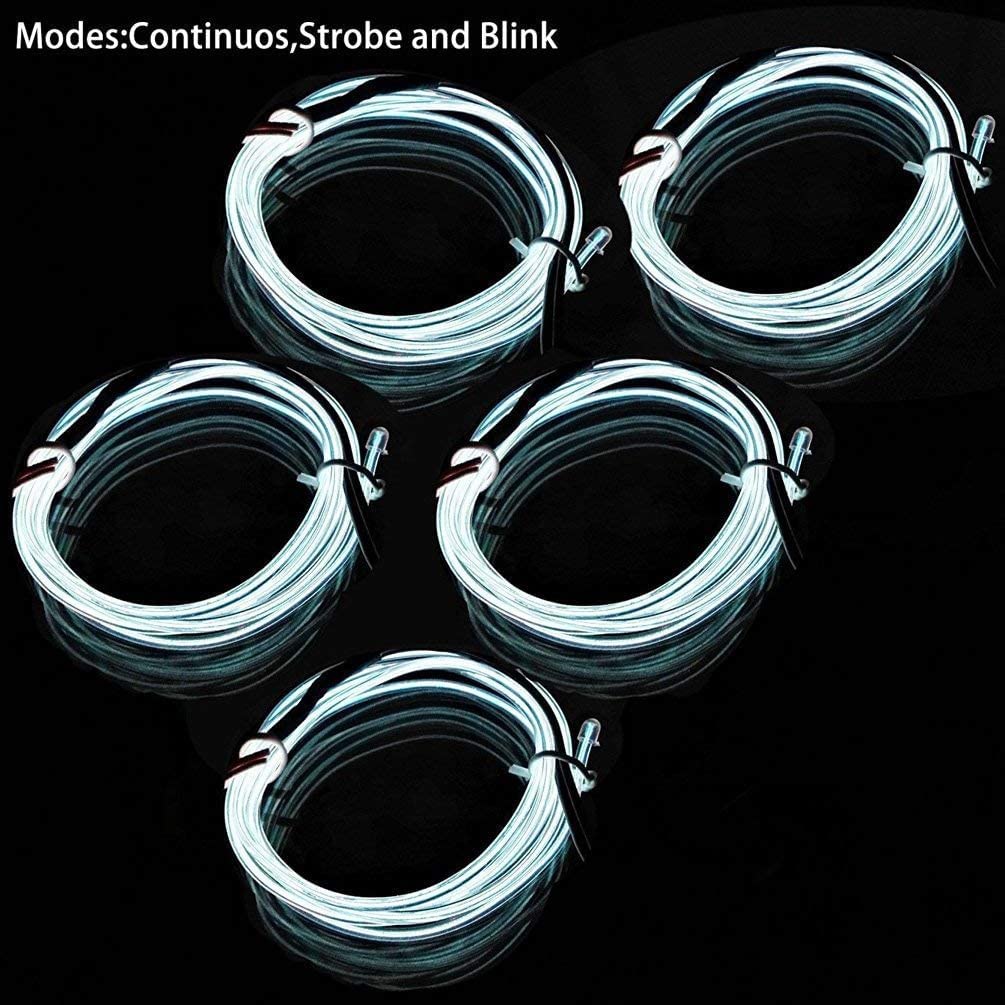 2M 5in1 Electroluminescence Neon Strip Light Wire, 4Mode onoff/Stay/Slow/Fast Flash EL Wire Lights Indoor Outdoor for Cosplay Dress Party Decoration(30 Ft 5Pack 6Ft White)