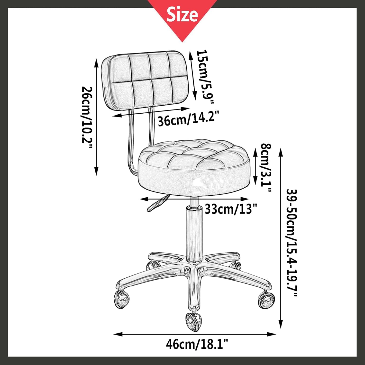 Round Rolling Stool Height Adjustable Swivel Chair, Dressing Counter Salon Stool with PU Leather Back and Seat, Titanium Gold 5 Claws and Globe Wheels(Color:Black)