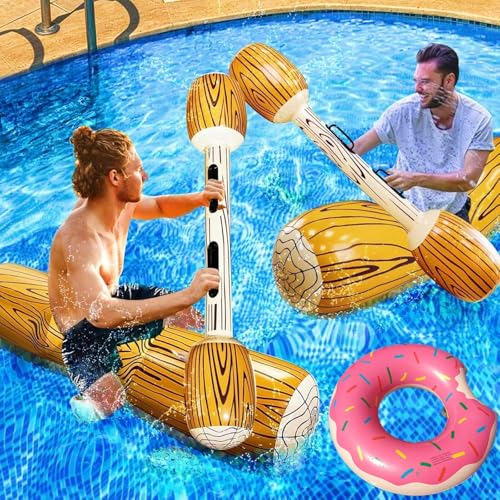KAHEIGN 5Pcs Aufblasbare Pool Spielzeug 140cm Aufblasbare Kampfbalken Erwachsene Battle Log Raft 2Sets Aufblasbares Wasserspielzeug Kampfbalken mit Schwimmring für Poolparty Wassersportspiele