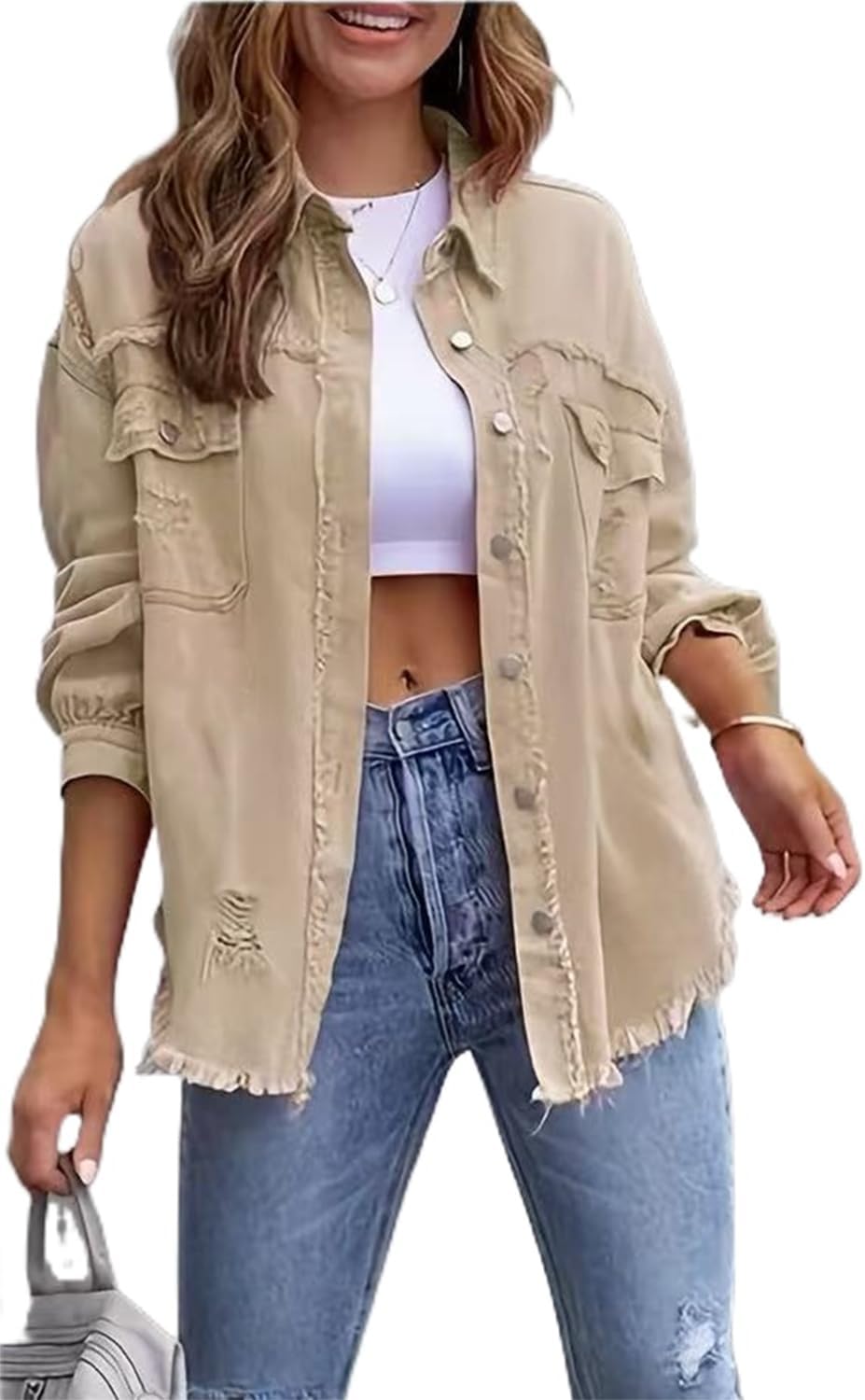 Women's Casual Ripped Denim Jacket Oversized Long Sleeve Button Down Raw Hem Distressed Jean Jackets