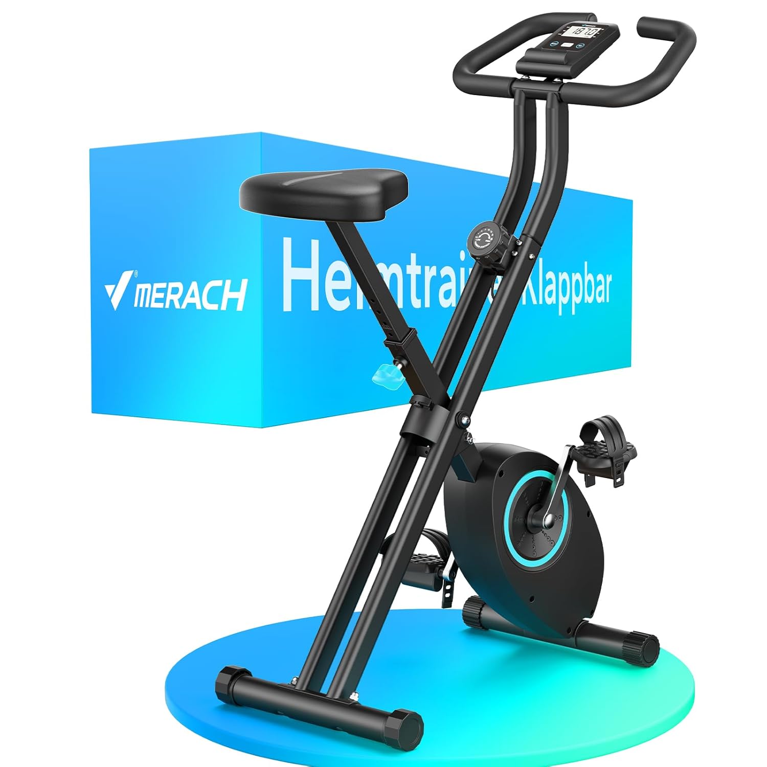 MERACH Heimtrainer Fahrrad Klappbar, Hometrainer Fahrrad mit LCD Monitor, Magnetisches Ergometer Heimtrainer mit Bequemem Sitzkissen, Fitnessbikes für Zuhause, Platzsparend, 136KG