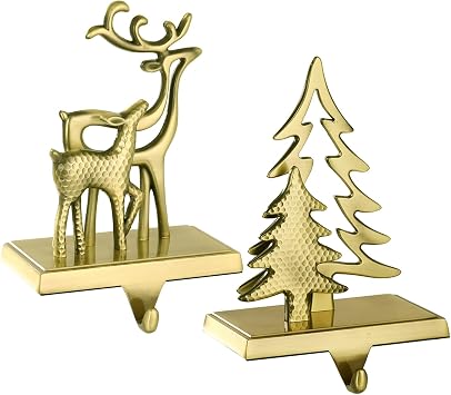 2PCS Bronze Reindeer Christmas Stocking Holders for Fireplace Holiday Christmas Tree Hanger Mantle Decorations Anti-Slip Xmas Hooks Fireplace Topper 2, Christmas Tree Reindeer