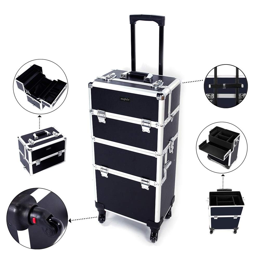 mefeir3 in 1 Rolling Makeup Train Case, Aluminum Makeup Travel Organizer Cosmetic Case, Cosmetology Display Suitcase on Wheels, Beauty Storage Luggage Lockable w/4 Removable Wheels, Black