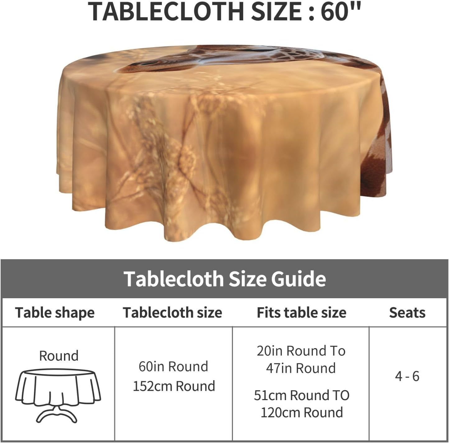 Animal Giraffe Print3 Print Wrinkle Free Dining Table Cover for Birthday Party Farmhouse Tablecloths Up to 60 x 60 Inches