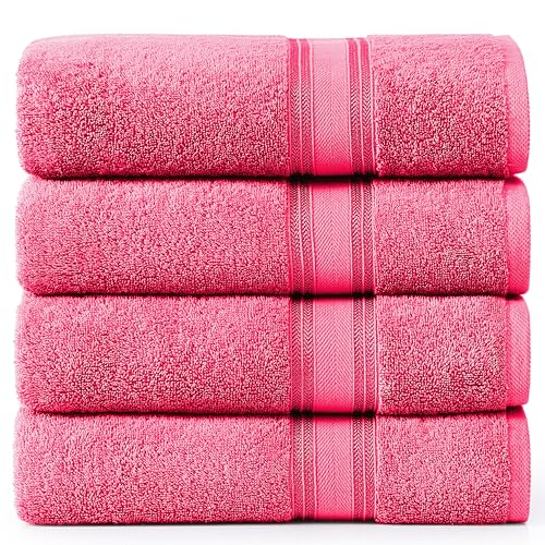 Image of Lane Linen Luxury Bath Towel Set of 4 (28" x 54") - 100% Cotton Pink Towels for Bathroom - Zero Twist, Highly Absorbent, Quick Dry Bath Towels Set - Super Soft Pink Bath Towels for Daily Use - Fuchsia