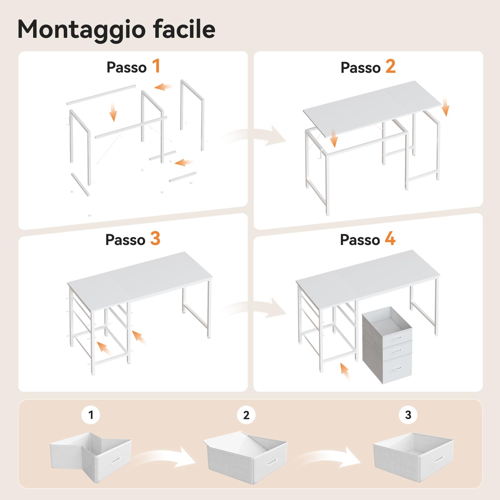 Coleshome Scrivania con 3 Cassetti in Tessuto, 120x48cm Scrivania Salvaspazio con Portacuffie, Bianco Scrivania Computer Reversibile per Piccolo Ufficio in Casa