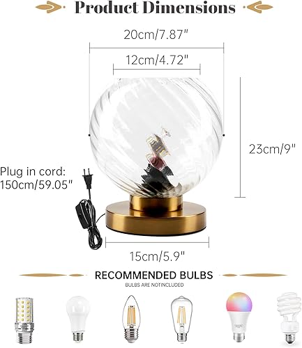 Miniatura 2 de Qepeety GlobeTable - Lámpara de mesa dorada enchufable, lámpara de mesa de noche con pantalla de vidrio soplado a mano, lámpara de noche de cristal