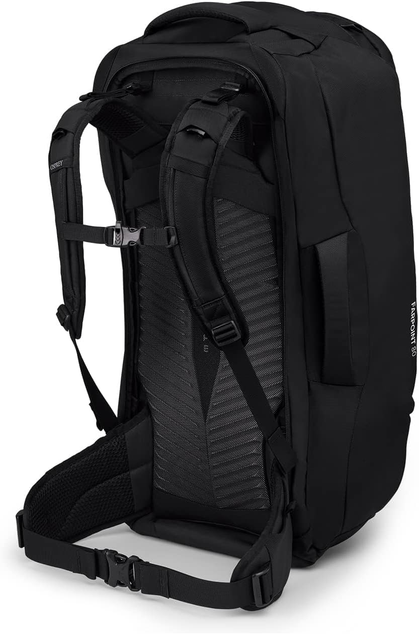 Detailed view of the Osprey Farpoint backpack's adjustable backpanel, harness, and hipbelt system.