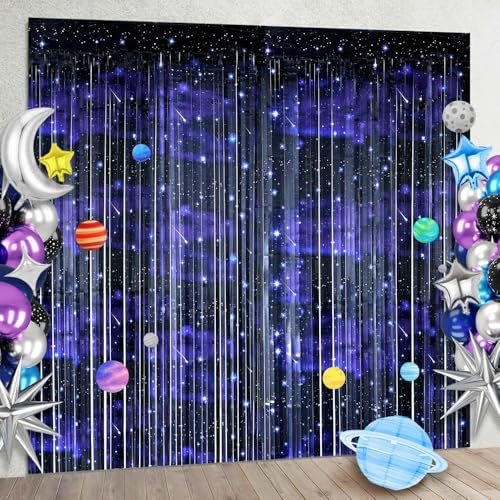 TYHJOY 2 Stück Galaxy Folien Fransen Hintergrund Irisierender Weltraum Thema Geburtstag Party Dekorationen 1 x 2 M Schwarz Und Lila Metall Lametta Vorhang Für Sternennacht Party Zubehör