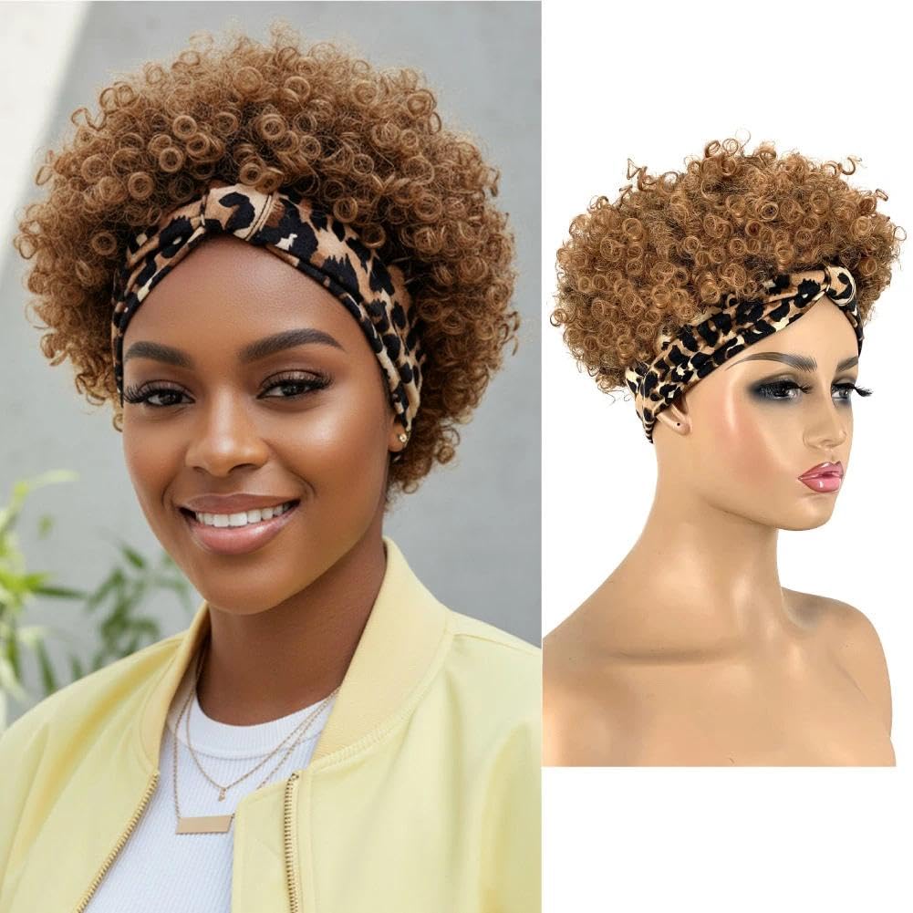 Allyreetress Short Curly Wigs with Headbands Attached for Black Women Synthitic Kinky Curly Afro Puff No Drawstring Ponytail Wig Headwrap Hairstyles