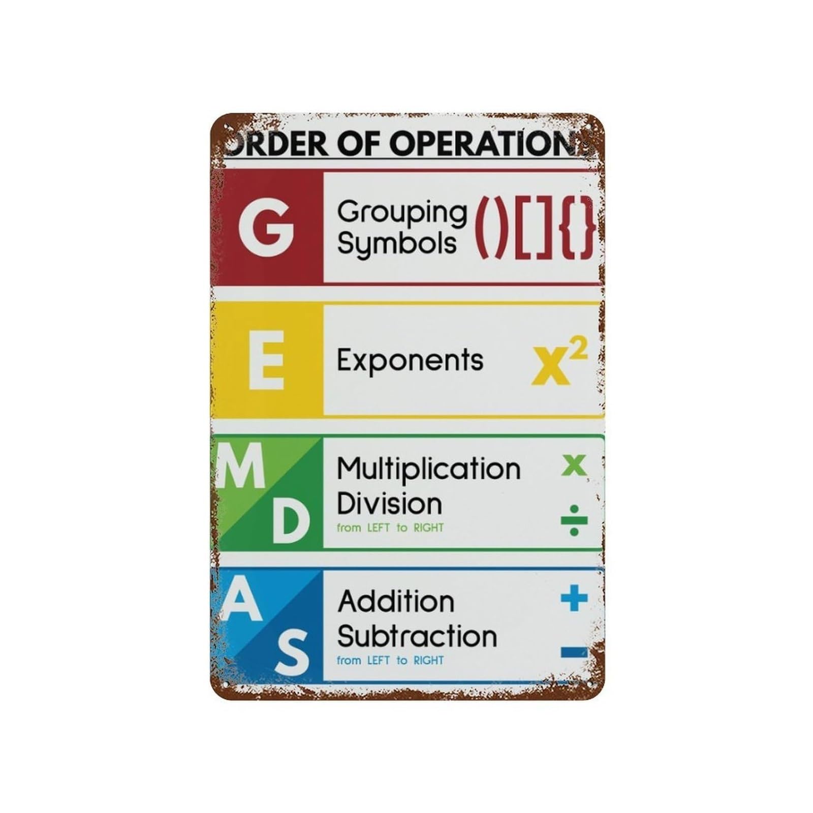 PAJPXPCD Vintage Math Poster Metal Sign Order Of Operations Educational Chart PEMDAS Rule Classroom Wall Decor for Teacher Office Study Room 8 X 12 inch
