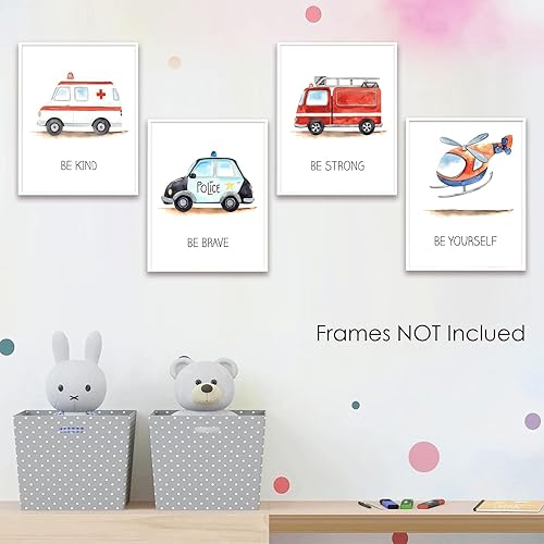 Miniatura 3 de 4 piezas de arte de pared de vehículo de emergencia para decoración de habitación de niños, sin marco, lindo camión de bomberos, ambulancia,