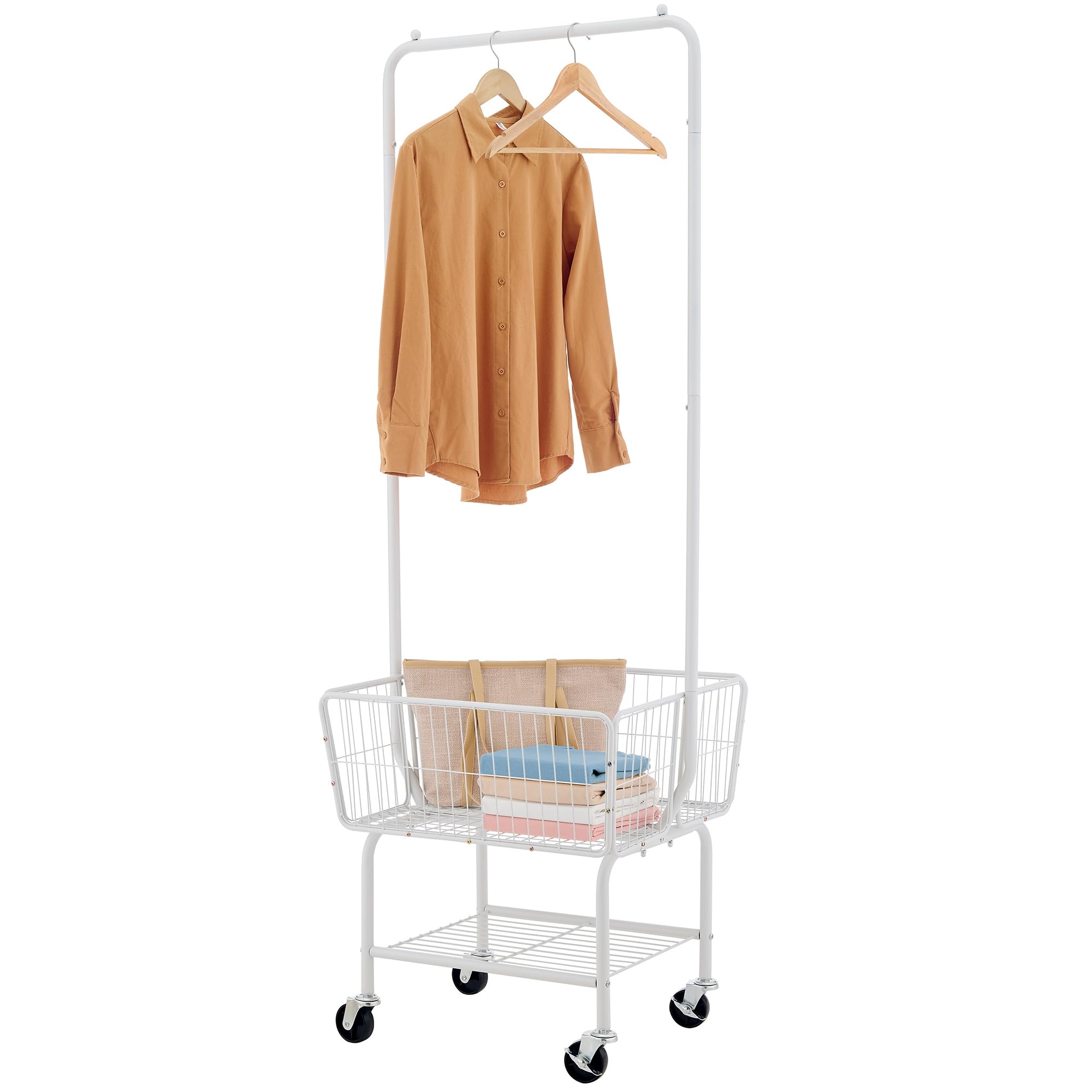 Photo 1 of **** MISSING BASKET , SHELF, AND WHEELS *** ******** Tajsoon Laundry Cart with Hanging Rack, Metal Laundry Basket with Wheels, Laundry Hamper with Storage Basket and Shelf, Rolling Laundry Cart with Wheels, White