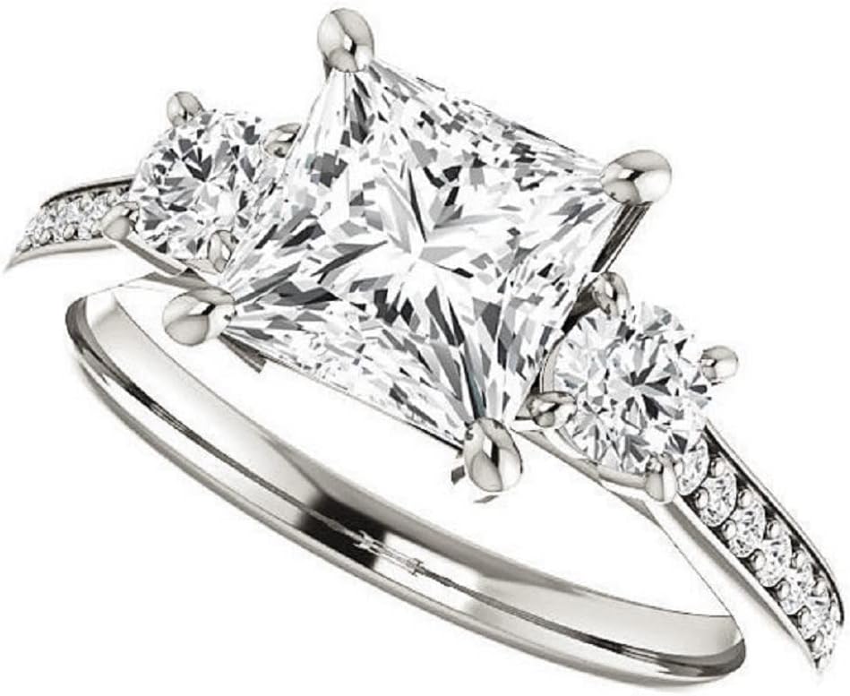 Solitaire Moissanite Engagement Ring Set 2 CT Princess Cut Bridal Wedding Ring Set for Women Birthday Gifts Her (925 Silver (White Gold Plated))
