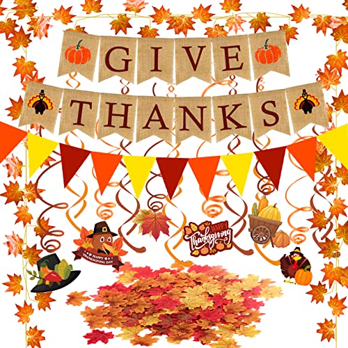 Famoby GIVE Thanks Burlap Banner Paper Triangular Bunting Maple Leaf Garland Plastic Streamer for Autumn Harvest Thanksgiving Day Party Decoration