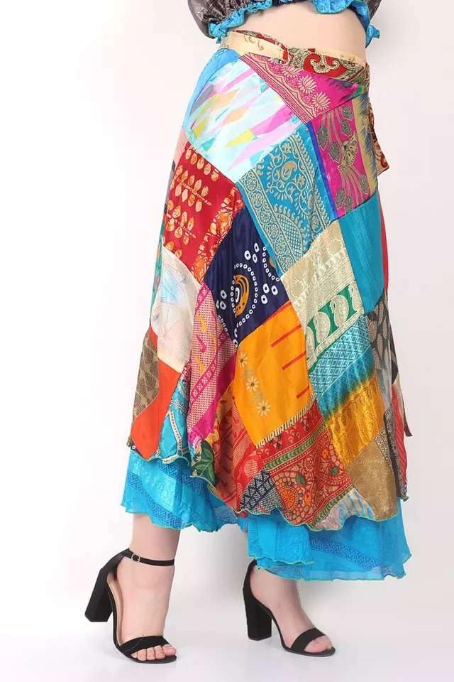 YILLE Boho Sari Silk Vintage Patchwork Wraparound Long Skirt for Women Ethnic Tie Waist Gypsy Skirt Multicolor Asymmetrical Free Size, Ethnic Fashion for Any Occasion and Casual Outings (Pack of 1)2