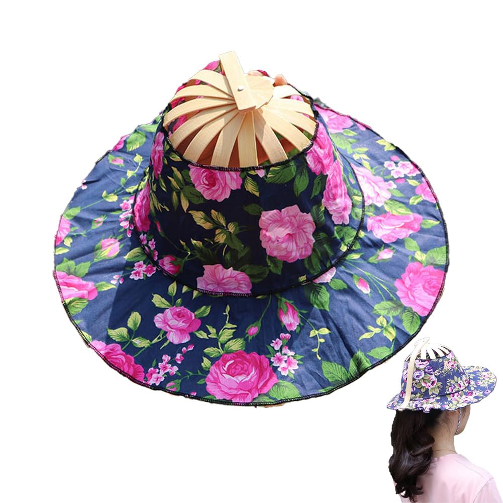 Egurs Women 2 in 1 Foldable Sun Hat Cap and Folding Handheld Fan Chinese Style Portable Floral Printed Handheld Fan and Summer Beach Cap red