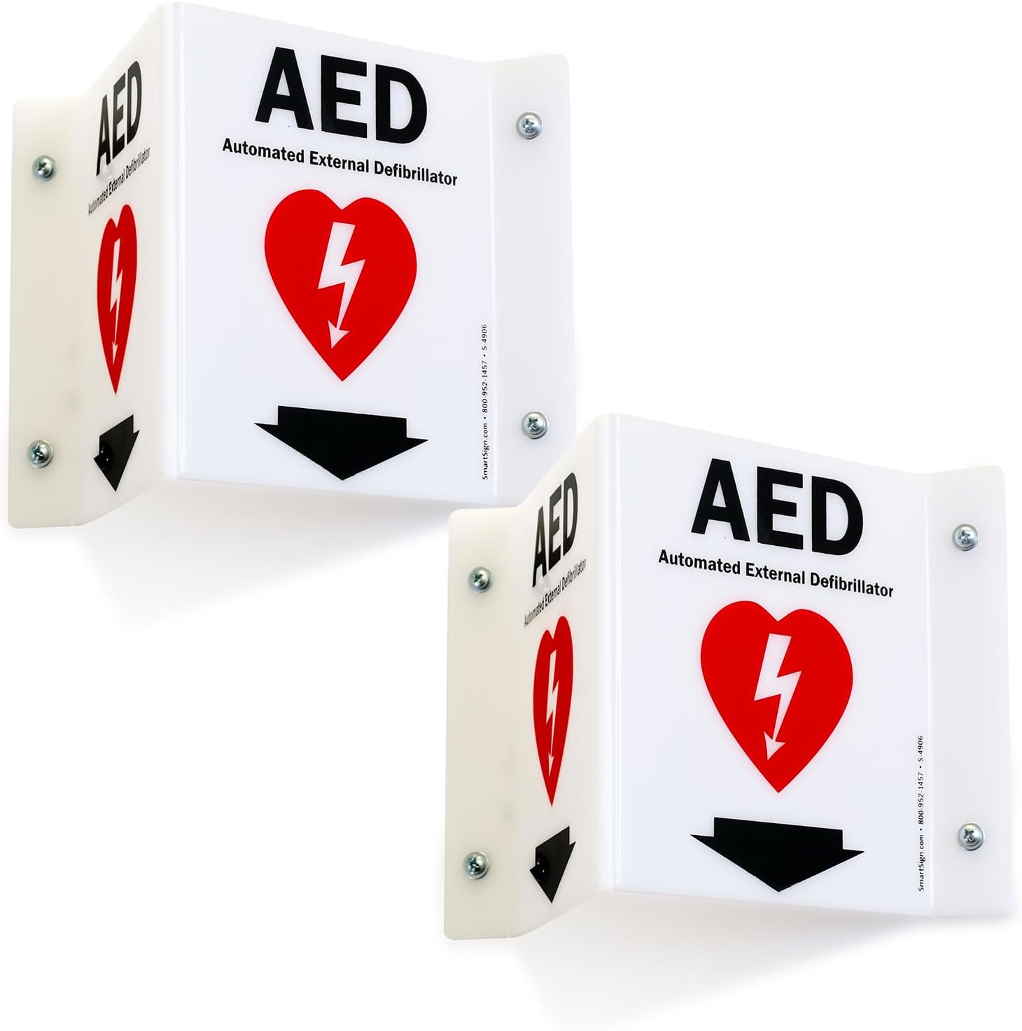 SmartSign (2-Pack) AED Projecting Sign with Down Arrow - 5" x 6", Two-Sided Wall Mount Polished Acrylic Corridor V-Sign, Red, White and Black