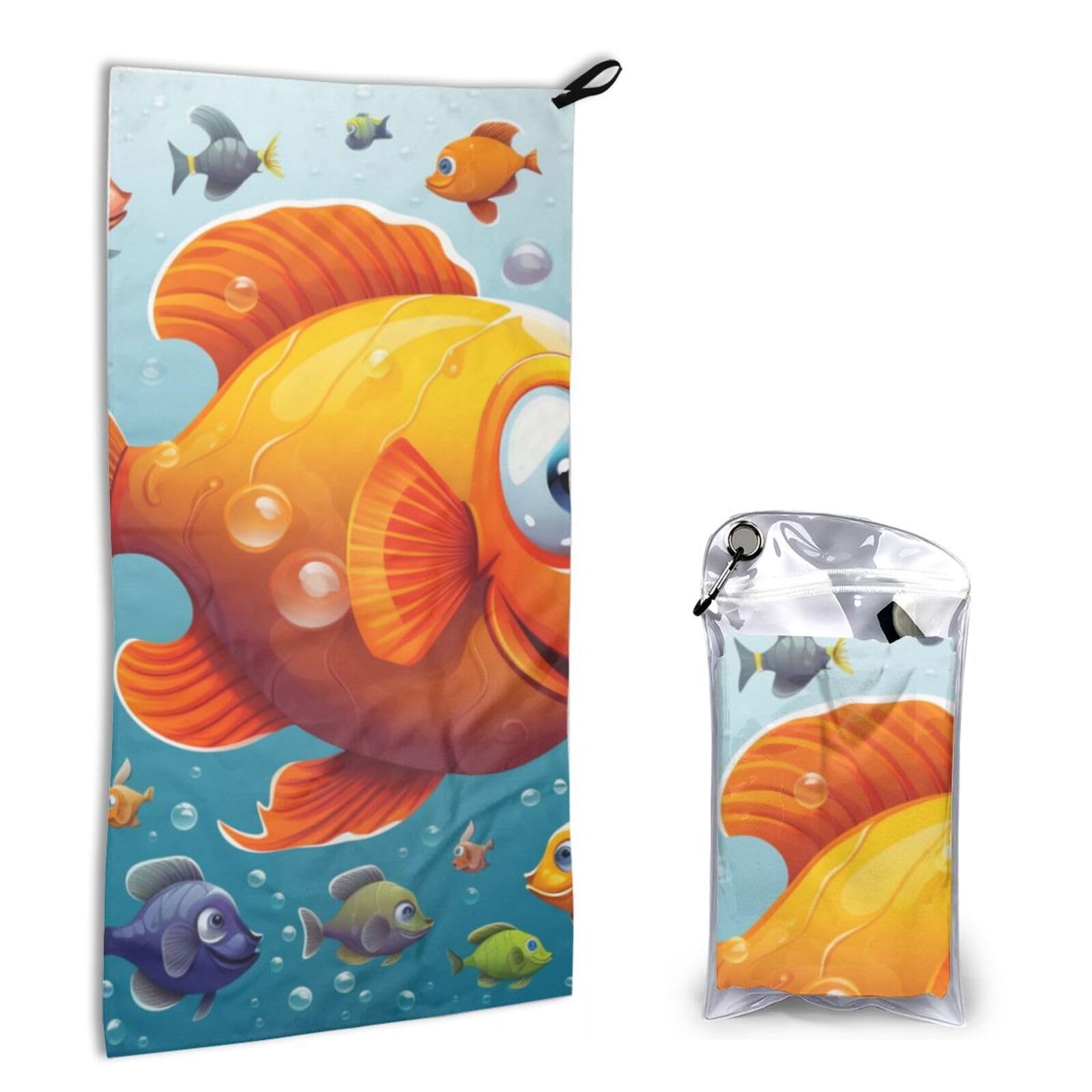 BWWHCCTI Quick Dry Hand Towel With Bag - Cartoon Fish Printed Super Absorbent Face Cloth Microfiber Travel Sports Towels 40x80cm