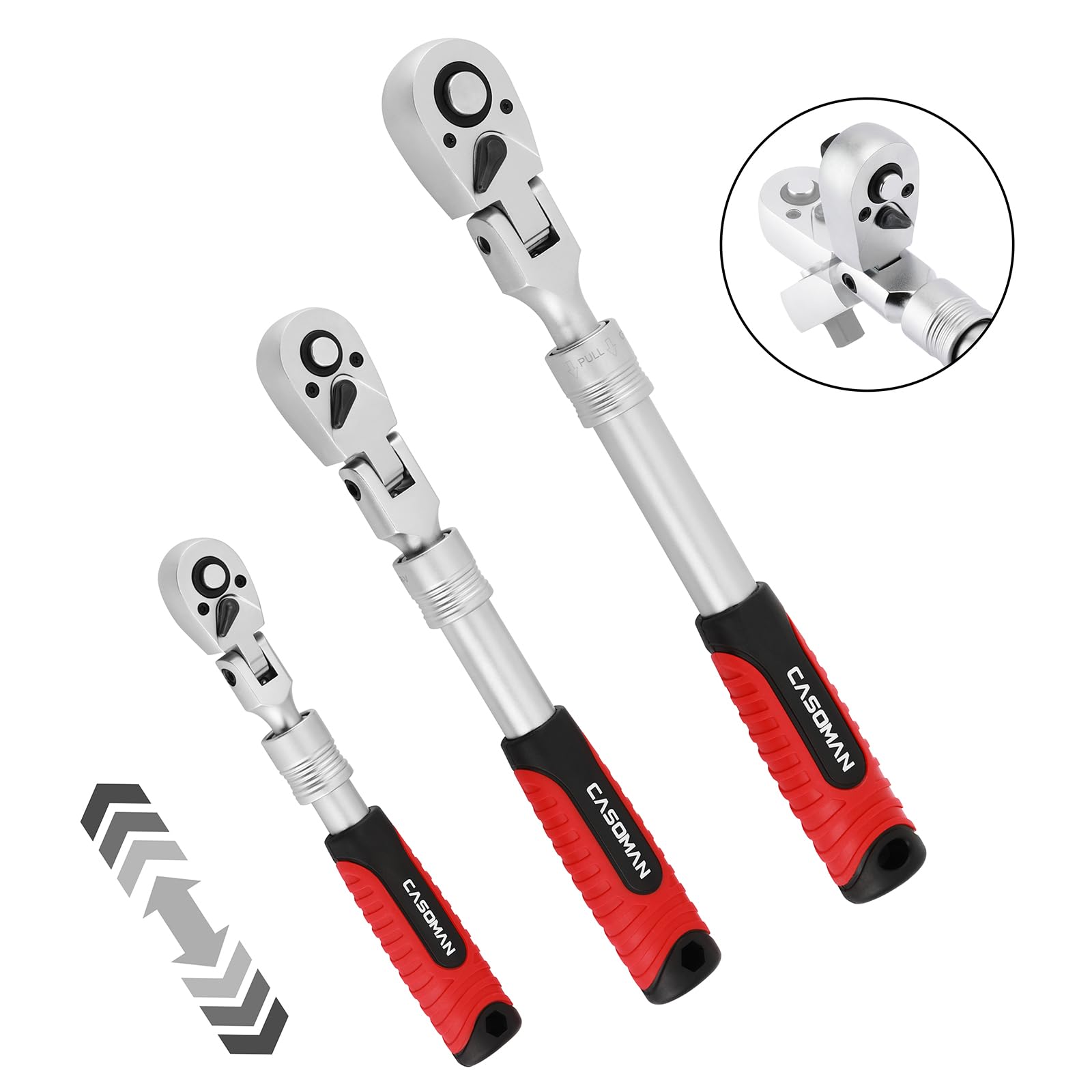 CASOMAN 3 PCS Flexible Extendable Ratchet Set, 1/2-Inch, 3/8-Inch & 1/4-Inch Drive Socket Ratchet Wrench, Ratchet Handle - Image 2