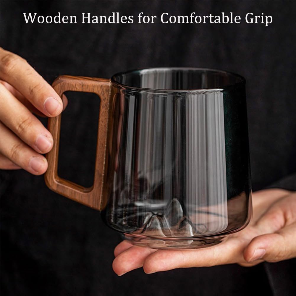 Smokey Gray Glass Slanted Coffee Cups With Wooden Handle, Creative Wonder Mountain Bottom Wood Handle Cup, Mountain View Whiskey Glass with Wood Handle, Wooden Coffee Mugs (Gray, 2PC)
