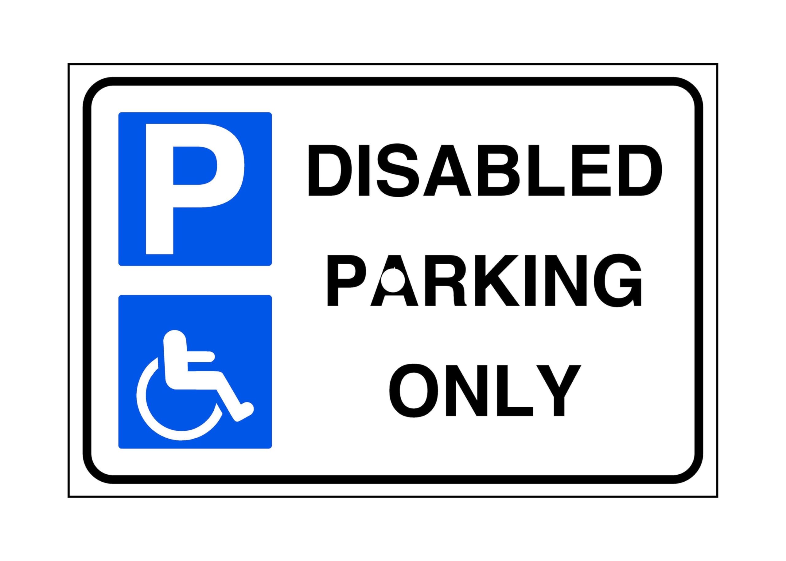 Disabled parking only - parking sign - disable signage - High tack self-adhesive sticker (400mm x 300mm) Viewing Distance within 14m.