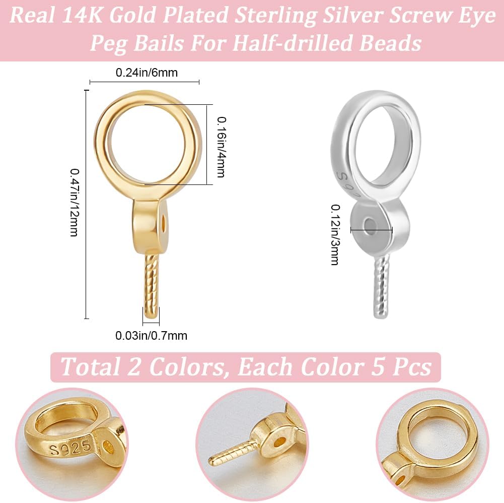 Beebeecraft 1 Box 10Pcs Peg Bail Eye Pin Pendants 925 Sterling Silver Small Cup Screw Eye Pin Peg Bail Clasps Connector for Jewelry Making Supplies Half Drilled Beads Pearls DIY Crafts