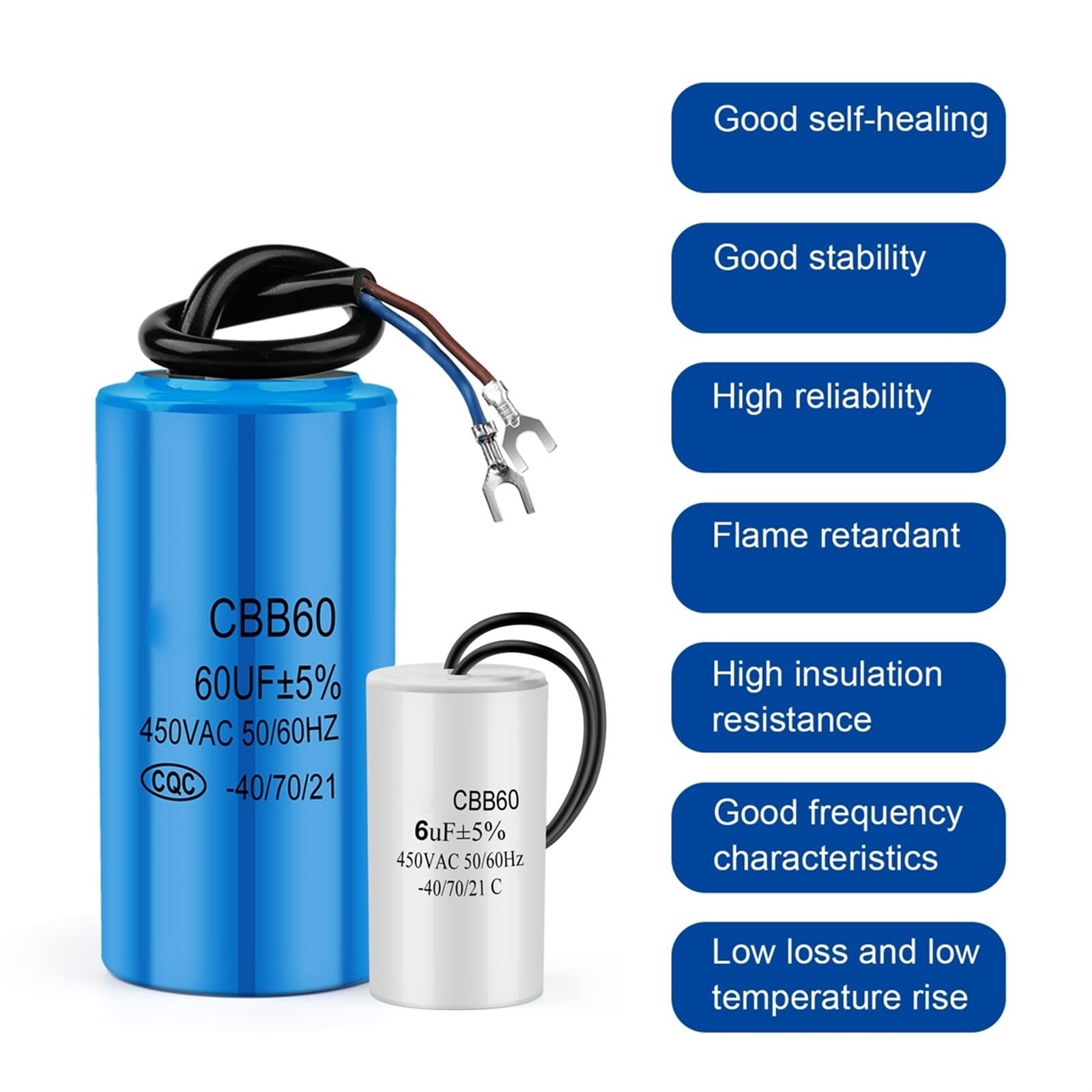 2 uds CBB60 450V condensador de funcionamiento del Motor serie condensadores de arranque de la bomba de agua funcionamiento del Motor de arranque 450VAC 3uF-80uF (Size : 80UF Blue)
