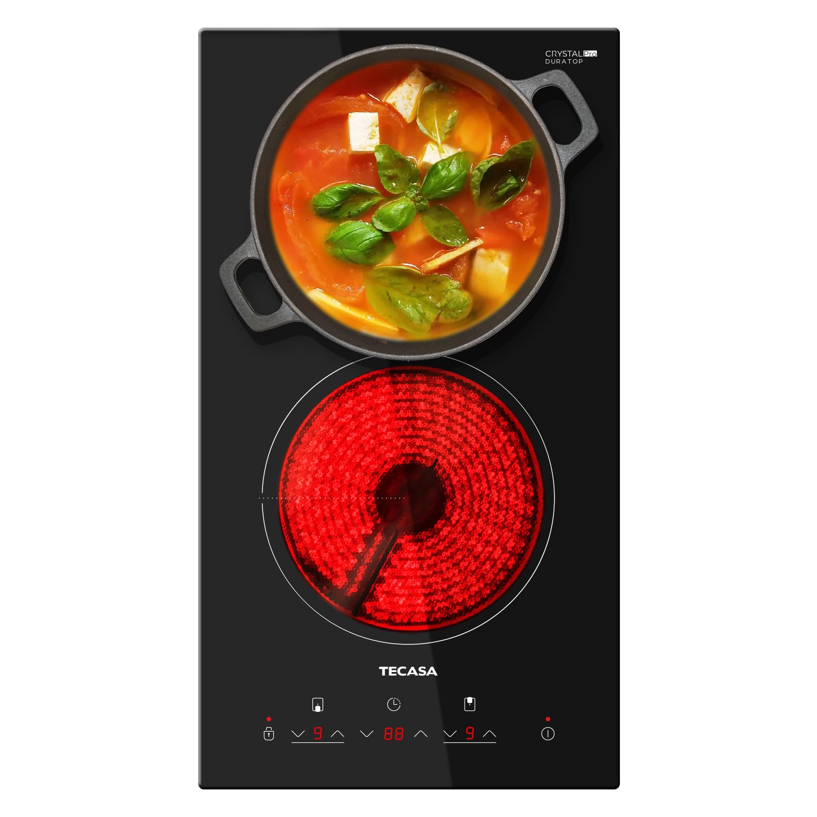 Placa Vitrocerámica 30 cm, TECASA Vitroceramica 2 Fuegos 3000W, Compatible con Todo Tipo de Utensilios de Cocina, con 9 Niveles de Potencia, Bloqueo Infantil y Temporizador, 240V Conexión Fija