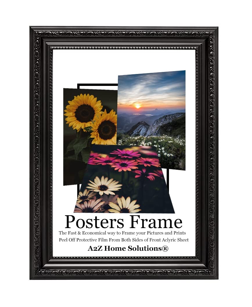 A2Z Home Solutions® Ornate Black Shabby Chic Frame Photo Poster Display Vintage Style Wall Hanging 60 x 30 cm For Print Picture With Clear Perspex 33x25 MM Moulding Mounting Hooks MDF backboard