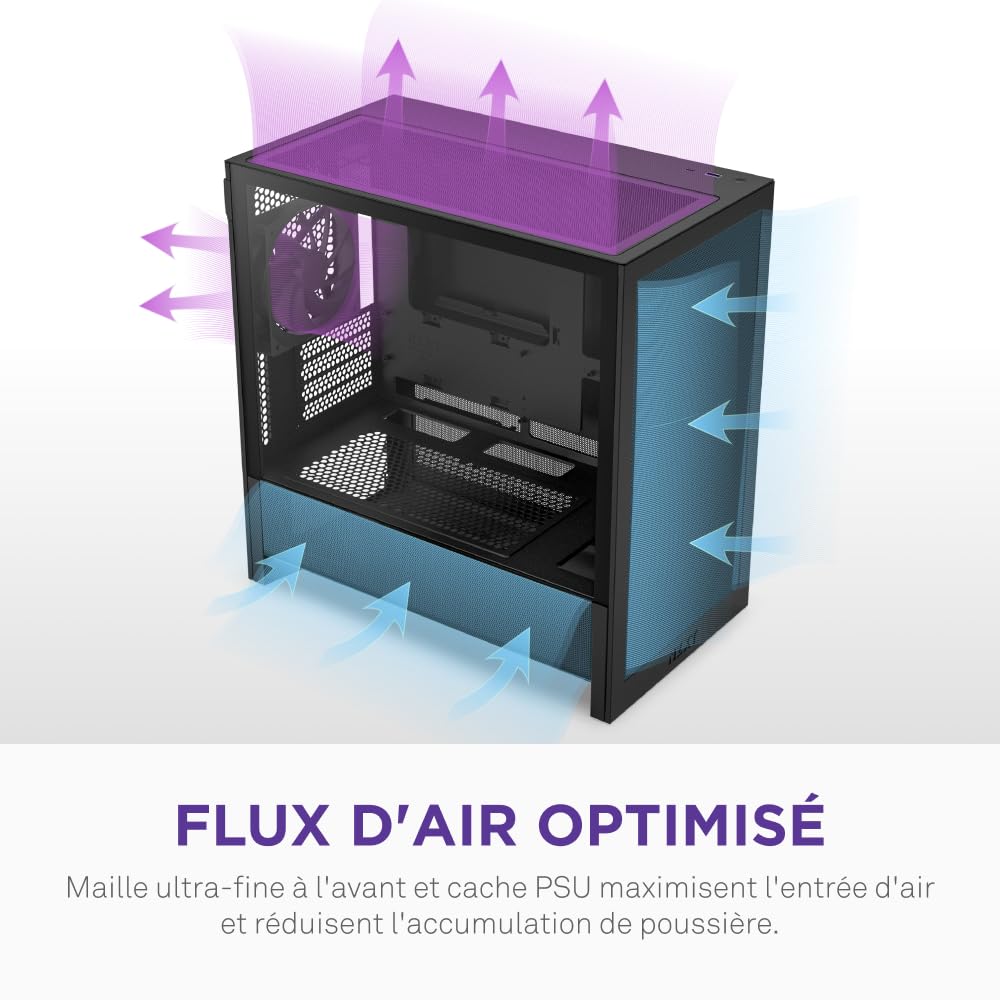 NZXT H3 Flow – Boîtier PC Gaming Micro-ATX – Flux d’air optimisé – 1 Ventilateur 120 mm Inclus – GPU Taille Standard – Rad. 280 mm Avant, 240 mm Dessus – Carte mère Back-Connect – Noir